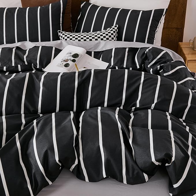 Merryword Black and White Striped Duvet Cover Set Queen Size - 100% Cotton Bedding Set 3 Pieces, Soft Breathable Comforter Cover with Pillowcases, Minimalist Chic Aesthetic Bedding Set for All Seasons