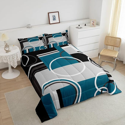 Erosebridal Modern Turquoise Decor Comforter Set Gray Black Blue Stripe Geometric Down Comforter Twin Size Retro Circle Swirls Bedding Set Modern Abstract Texture Color Art Duvet Set