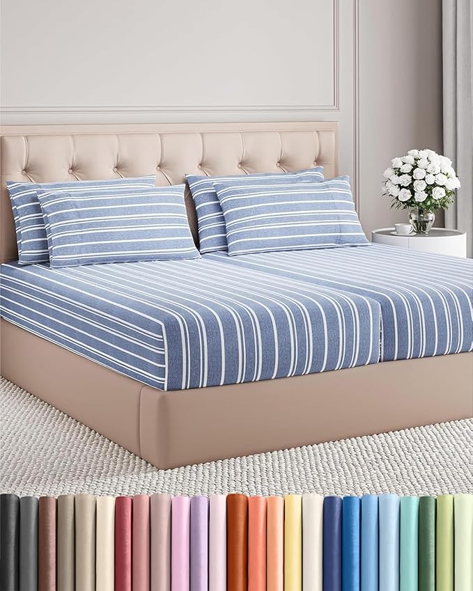 Split King 7 Piece Sheet Set - Comfy Breathable & Cooling - Soft Hotel Luxury Bedding Set w/ 8-16 Inch Deep Pockets - 1 Flat & 2 Fitted Sheet & 4 Pillowcases - Cozy and Wrinkle Free - Blue Stripes 3