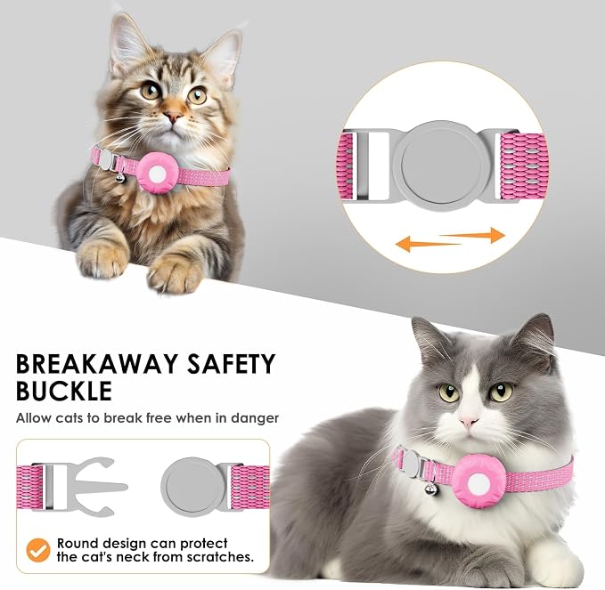 Cat GPS Tracker for Cats, Waterproof Pet GPS Tracker, Compatible with Apple Find My App (Only iOS), No Monthly Fee (White Tracker, Pink Cat Collar)