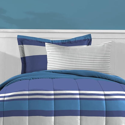 Dream Factory Kids 7-Piece Complete Bed Set Easy-Wash Super Soft Microfiber Comforter Bedding, Full, Blue Rugby Stripe,2D872702BL
