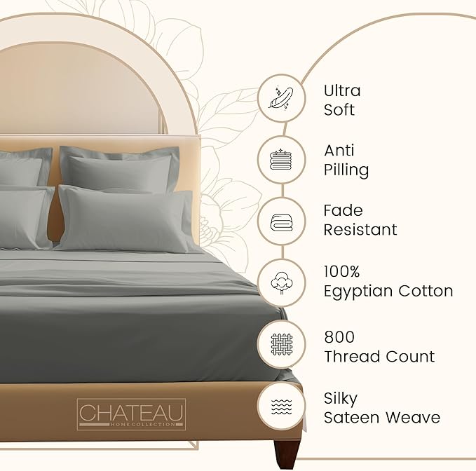 100% Egyptian Cotton XL Twin Sheets Set, 800TC Sateen Weave 3PC Twin XL Bed Sheets, 15" Deep Pocket Fully Elasticated Sheet & Pillowcase Sets, Soft & Comfy Machine Washable Fade Resistant - Silver