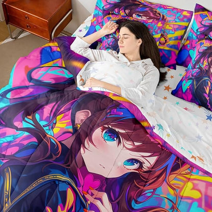 Erosebridal Anime Girl King Comforter Set 7 Piece, Japanese Anime Bedding Set for Kids Girls Teens Adult Bedroom, Cartoon Girl Bed in A Bag Kawaii Japanese Animation Sheet Set, Purple