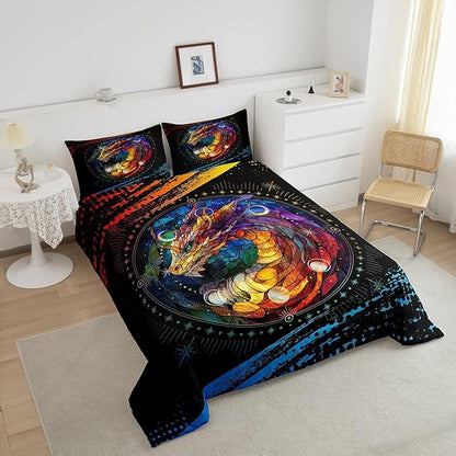 Feelyou Dragon Comforter Set King Size Dragon Stuff Comforter for Boys Girls Teens Wild Life Bedding Set Dragon Decor Duvet Set Room Decor Black Orange Yellow Quilt Set