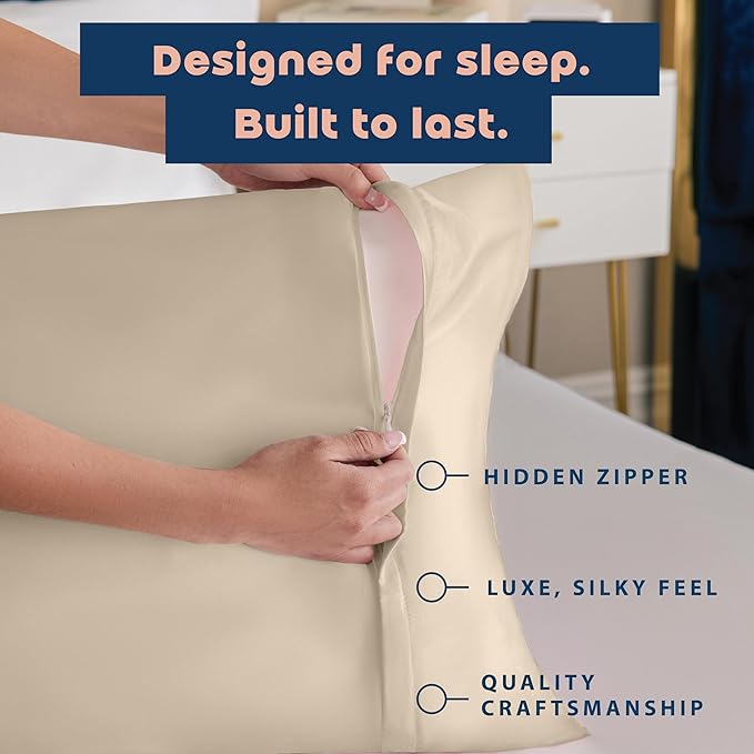 BLISSFORD Satin Pillowcase with Zipper, for Hair and Skin Care, Feels Soft and Cool Like a Silk Pillowcase, Satin Pillow Cases 2 Pack, Slik Pillow Cover, Taupe - Standard Size, Set of 2