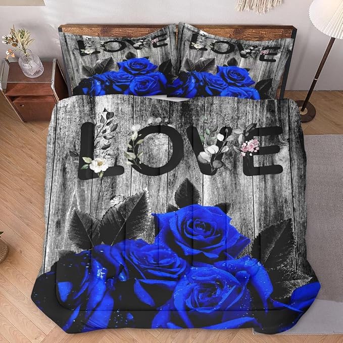 Comforter Set King Size with 2 Pillowcases, Summer Vintage Woodboard 3 Pcs Bedding for Kids and Adults, Dark Blue Rose Flower Soft Comforter Set for Bedroom Bed Decor