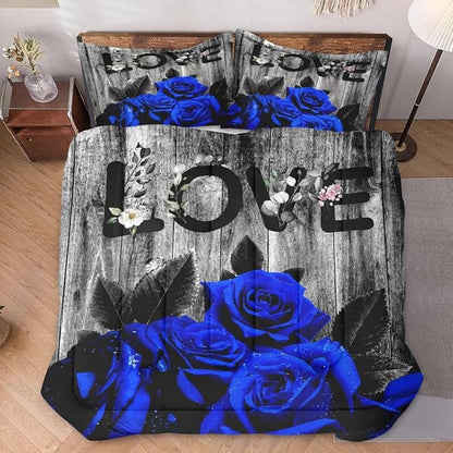 Comforter Set King Size with 2 Pillowcases, Summer Vintage Woodboard 3 Pcs Bedding for Kids and Adults, Dark Blue Rose Flower Soft Comforter Set for Bedroom Bed Decor