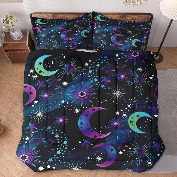 Full Size Comforter Set with 2 Pillowcases, Moon Neon Galaxy Kids Rainbow Soft 3 Pcs Bedding for Kids and Adults Bedroom Bed Decor