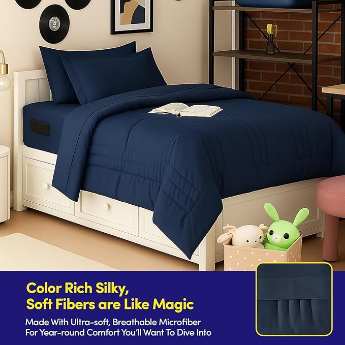 Twin Size Comforter Set Quilted Stripe Bedding Bundle – Comforter, Mattress Protector, Sheets with Pockets on the Side & Built-in Corner Strap – Fitted Sheet Media Pocket for Devices, Navy Blue