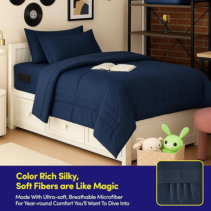 Twin Size Comforter Set Quilted Stripe Bedding Bundle – Comforter, Mattress Protector, Sheets with Pockets on the Side & Built-in Corner Strap – Fitted Sheet Media Pocket for Devices, Navy Blue