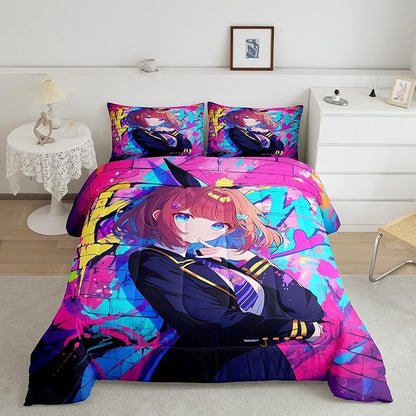 Erosebridal Girls Japanese Anime Comforter Set King, Kawaii Anime Girl Bedding Set Cartoon Girl Duvet Insert for Kids Teens Adult, Japanese Animation Sci Fi Style Quilt with 2 Pillow Cases