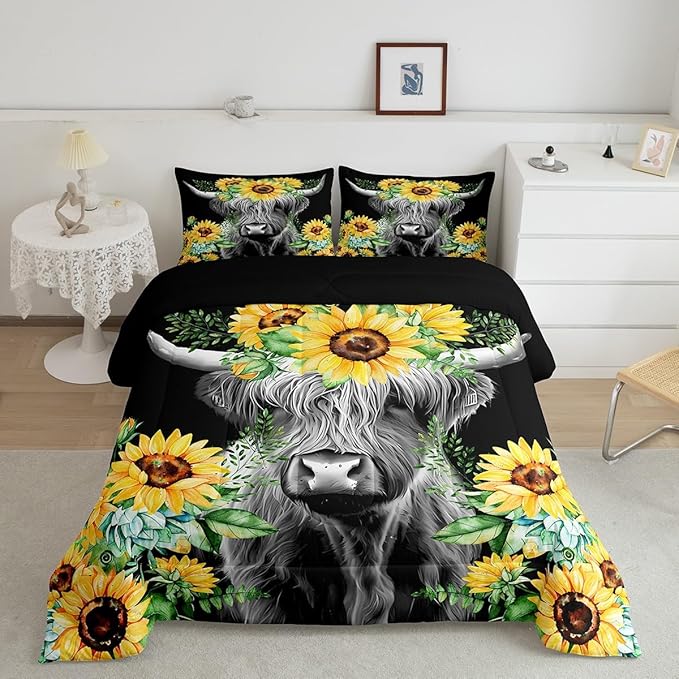 Feelyou Highland Cow Bedding Set Kids Sunflower Floral Western Cow Bull Comforter Set for Girls Teens Farmhouse Wildlife Animal Comforter Black Duvet Set Room Decor Quilt Set Full Size
