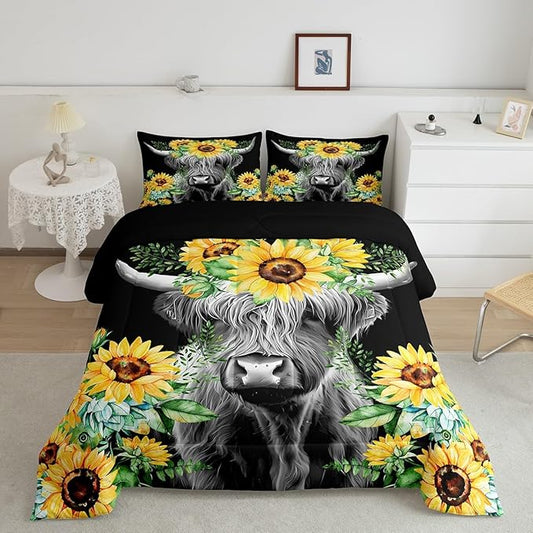 Feelyou Highland Cow Bedding Set Kids Sunflower Floral Western Cow Bull Comforter Set for Girls Teens Farmhouse Wildlife Animal Comforter Black Duvet Set Room Decor Quilt Set Twin Size