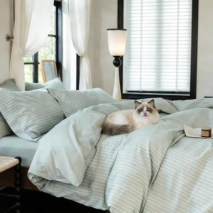 Reversible Duvet Cover Set 100% Washed Cotton Green Stripe Linen Feel Duvet Cover Full Size with Zipper Closure & 2 Pillow Shams, Celadon Green/White Stripe Reverse Solid Celadon Green