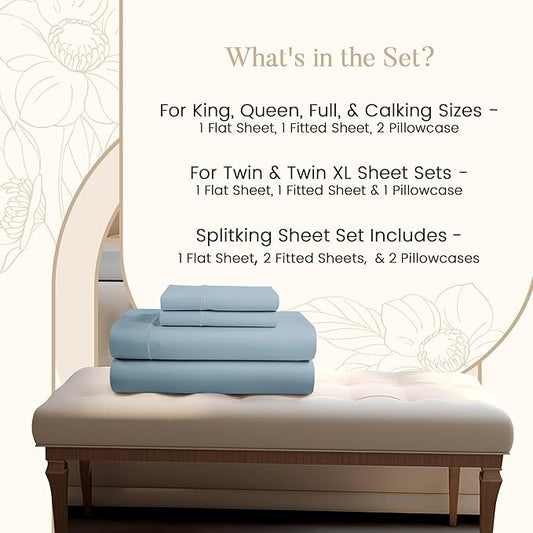 100% Cotton Bed Sheets Queen Size Bed Set, 800 Thread Count Deep Pocket Queen Sheet Set, Soft Breathable Cool Sateen Weave 4PC Egyptian Cotton Sheets, No Pill & Shrink, Machine Washable - Light Blue