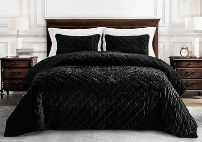 Chezmoi Collection Lux Black Velvet Quilt Oversized King Set, 3-Piece Plush Distressed Velvet Bedding All Season Lightweight Comforter Brushed Microfiber Reverse with Diamond Stitch Quilting