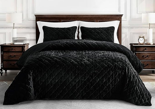Chezmoi Collection Lux Black Velvet Quilt Oversized King Set, 3-Piece Plush Distressed Velvet Bedding All Season Lightweight Comforter Brushed Microfiber Reverse with Diamond Stitch Quilting