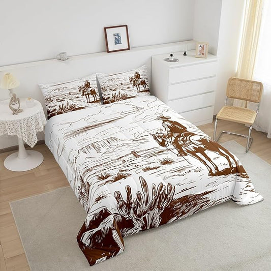 Western Comforter Set King, Farmhouse Cowboy Bedding Set Western Bedding, Country Southwest Desert Down Comforter, American Wild Cactus Duvet Insert, Vintage Hand Drawn Print 3Pcs Quilt for Boys Men