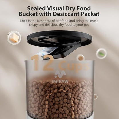 IMIPAW Automatic Cat Feeders, Timed Cat Dry Food Dispenser with Desiccant Bag, Dual Power Supply, Programmable Portion Size, 6 Meals, 20 Portions Per Day, Auto Pet Feeder for Cats and Small Dog, White