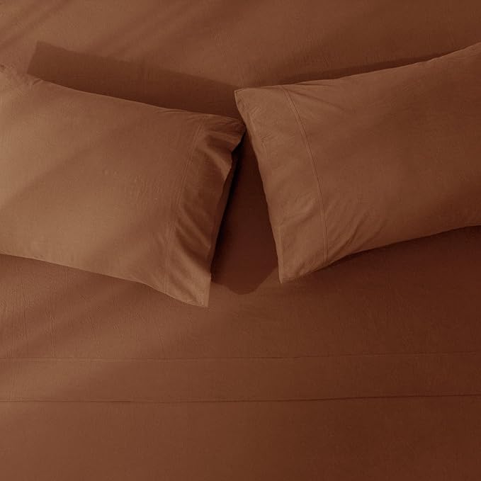JIYUAN California King Size Sheet Set, 4-Piece - 100% Washed Cotton, Linen-Like Soft & Breathable, Includes Deep Pocket Fitted & Flat Sheet with 2 Pillowcases, Hotel Quality, Solid Dark Orange