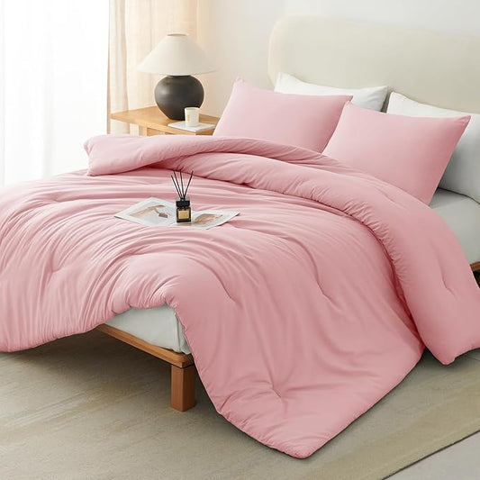 CozyLux King Size Comforter Set Pink, 3 Pieces Solid Comforters King Size Breathable Quilted Bedding Sets, Luxury Soft Lightweight Bed Set with Down Alternative Comforter and 2 Pillowcases All Season