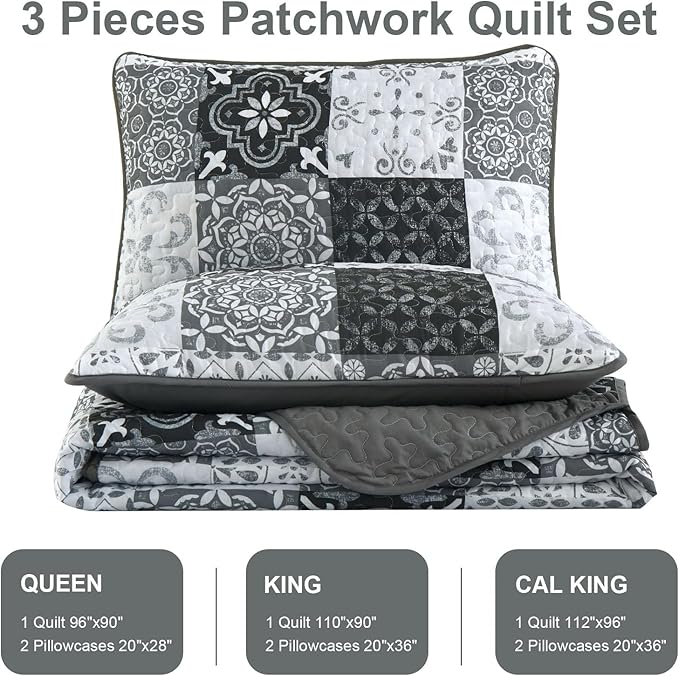 Dobuyly Grey Black Quilt Set California King Size, Boho Plaid Patchwork Bedspreads Coverlet Set, 3 Pieces Soft Lightweight Microfiber Farmhouse Cal King Quilt Bedding Set for All Seasons 112"x96"