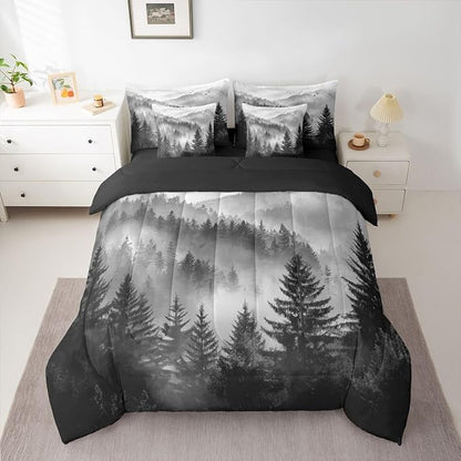 Erosebridal Foggy Mountain Full Comforter Set with Sheets 7 Piece Grey Forest Pine Tree Bed in A Bag Nature Misty Woodland Bedding Sets for Kids Adults,Flying Bird Bed Set