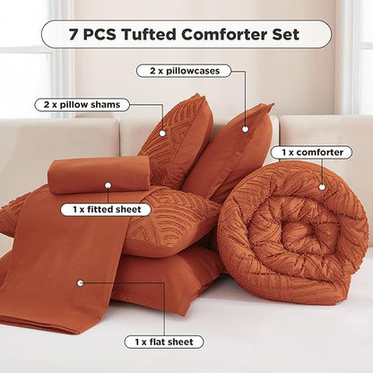 Andency California King Comforter Set Burnt Orange - 7 Piece Cal King Bed in a Bag Boho Terracotta Tufted Bedding Sets, Rust Bed Set with Comforter, Sheets, Pillowcases & Shams