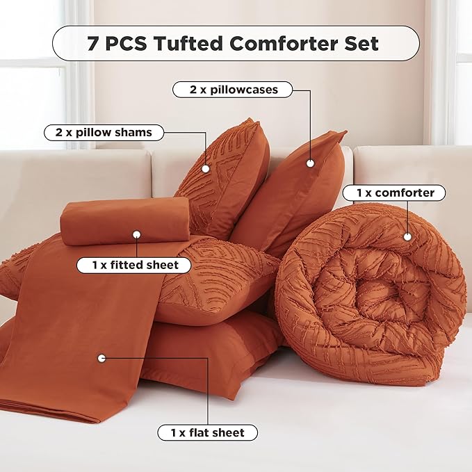 Andency Super King Plus Comforter Set Burnt Orange - 7 Pieces Bed in a Bag Oversized King Bedding Sets, Boho Tufted Terracotta Bedding Sets, Rust Bed Set with Comforter, Sheets, Pillowcases & Shams