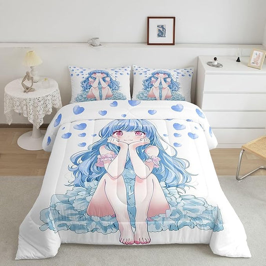 Erosebridal Blue Girly Anime Kids Down Comforter Full,Cute Cartoon Girl Comforter Set Romantic Aesthetic Bedding Set Kawaii Watercolor Love Heart Quilt Set 2 Pillow Cases