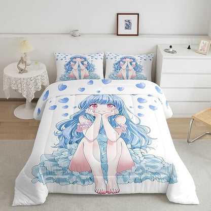 Erosebridal Blue Girly Anime Kids Down Comforter,Cute Cartoon Girl Queen Comforter Set Romantic Aesthetic Bedding Set Kawaii Watercolor Love Heart Quilt Set 2 Pillow Cases