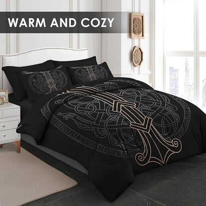 Comforter Set King Size, Viking Norse 7 Pcs Bedding for Kids and Adults, Dragon Medieval Gothic Bed Sheet Sets with Fitted Sheet 2 Pillowcases & 2 Shams for Bedroom Bed Decor
