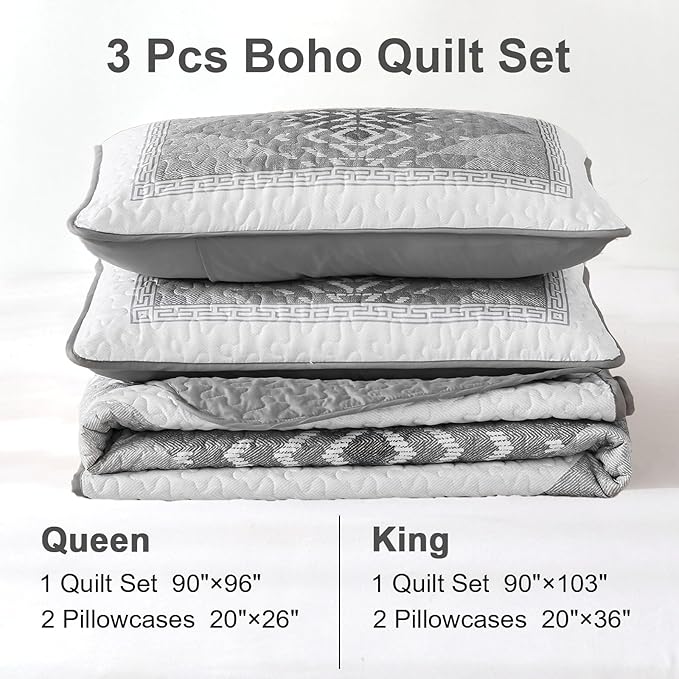 Boho Quilt Set King Size 3 Pieces Grey Aztec King Quilt Set Bohemian Bedspread Coverlet Set Soft Microfiber Lightweight Bedding Set with 2 pillowcases Gray Quilt Set for All Season 90"x103"