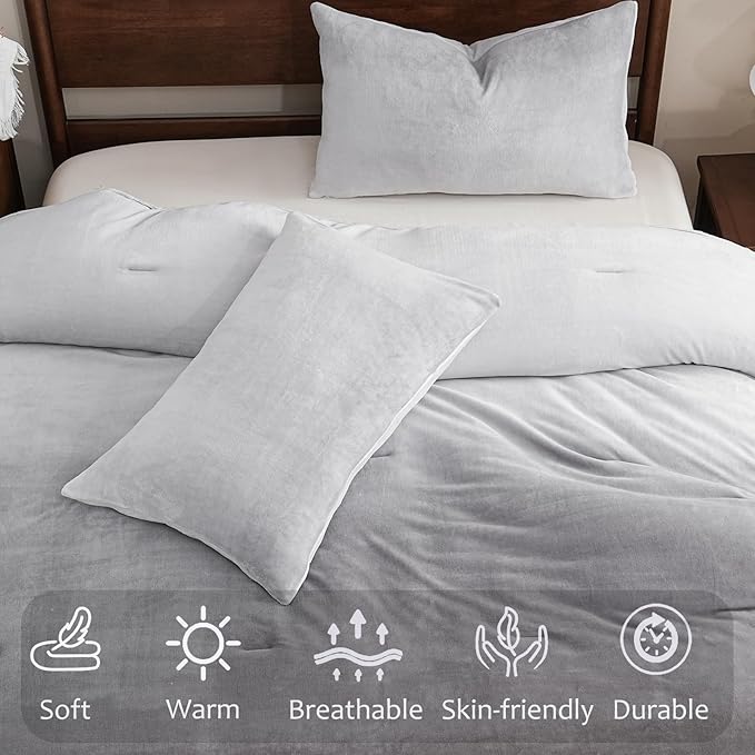 Bedbay Ombre Gray Velvety Fleece Comforter Set Queen Size Ultra Soft Plush Bedding Gradient Grey Thick Warm Cozy Winter Quilt Set with 2 Pillowcases Luxury Velvet Flannel Bedding Set 3 Pcs