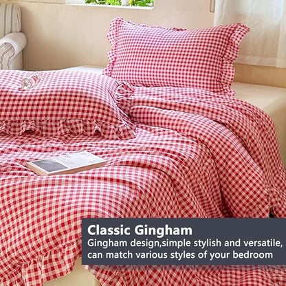 NSNLGSGC Red Ruffle Gingham Comforter Set King, Pre-Washed Ruffled Plaid Checked Comforter Bedding, 3 Pieces Vintage Farmhouse Grid Bedding Set(Red Gingham, King)