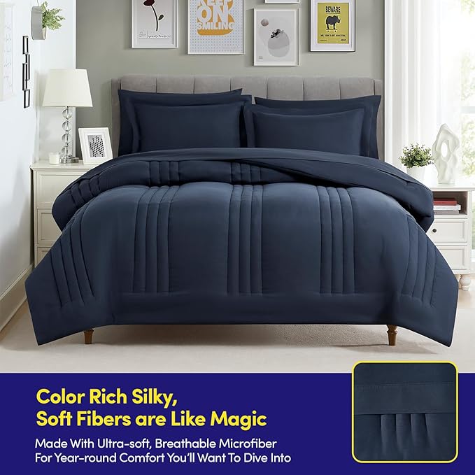 Full Size Comforter Set Quilted Stripe Bedding Bundle – Comforter, Mattress Protector, Sheets with Pockets on the Side & Built-in Corner Strap – Fitted Sheet Media Pocket for Devices, Navy Blue