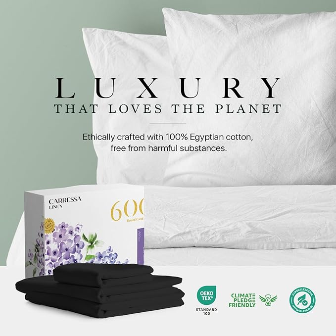 Carressa Linen 100% Egyptian Cotton Twin Sheets Set - 600 Thread Count Egyptian Cotton Luxury Twin Sheets (3 PC, Black), 16" Deep Pocket, Soft, Cooling, Sateen Weave College Dorm Room Bedding