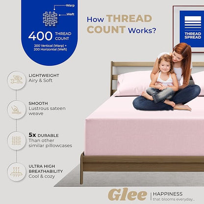 THREAD SPREAD 100% Cotton Pillow Cases Queen Size Set of 2 - Luxury 400 Thread Count Queen Pillow Cases (Blush), Soft Cooling Breathable Hotel Quality Cotton Pillowcases, Fits Standard Pillows