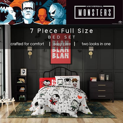 Universal Little Monsters Halloween Full Bed Set – Super Soft & Cozy 7 Piece Reversible Comforter and Sheet Set, (Officially Licensed Product) by Franco