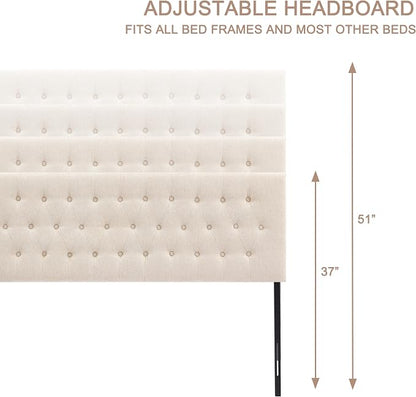 Tufted Upholstered Headboard Twin Size, Adjustable Height 37- 51 in, Beige | Sturdy and Durable Solid Wood Twin XL Headboard, Fabric Twin Headboard Only, Modern Button Diamond Design Head Board