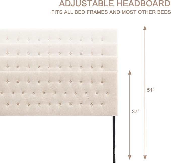 Tufted Upholstered Headboard King Size, Adjustable Height 37- 51 in, Beige | Sturdy and Durable Solid Wood Bed Headboard, Fabric King Headboard Only, Modern Button Diamond Design Head Board