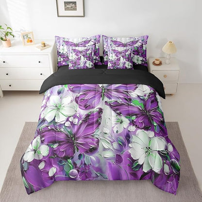 Erosebridal 7 Piece Purple Butterfly Full Comforter Set with Sheets for Girls Teen Women,White Flowers Oil Painting Boho Bed in A Bag Floral Butterfly Bedding Set,Retro Bohemian Animal Bed Set