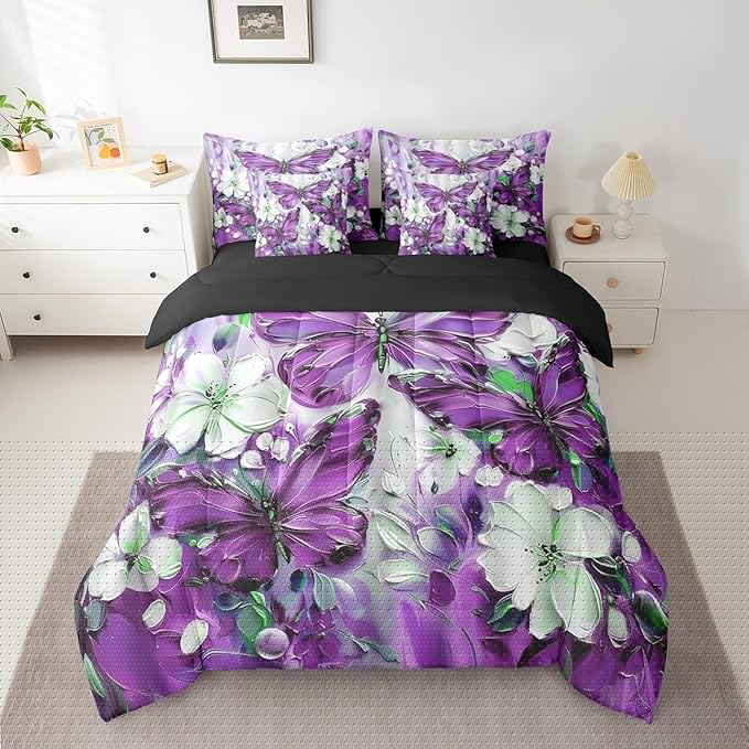 Erosebridal 7 Piece Purple Butterfly Twin Comforter Set with Sheets for Girls Teen Women,White Flowers Oil Painting Boho Bed in A Bag Floral Butterfly Bedding Set,Retro Bohemian Animal Bed Set