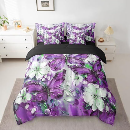 Erosebridal 7 Piece Purple Butterfly Twin Comforter Set with Sheets for Girls Teen Women,White Flowers Oil Painting Boho Bed in A Bag Floral Butterfly Bedding Set,Retro Bohemian Animal Bed Set