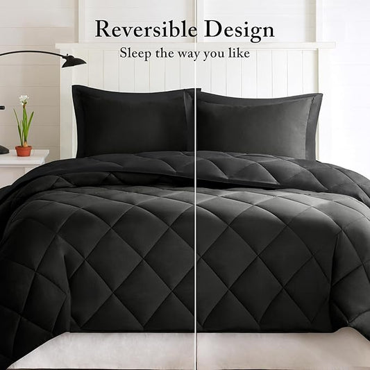 Madison Park Comforter Set, Reversible Down Alternative All Season Microfiber Bedding, 3M Scotchgard Stain Release, King Dorm Comforter, Black/Black