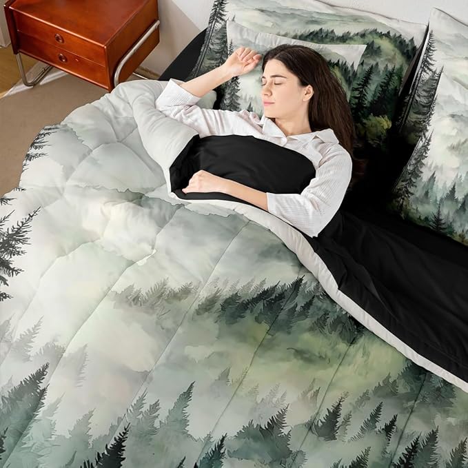 Erosebridal Dark Green Misty Forest Full Bed in A Bag 7 Piece Mountain Foggy Woodland Comforter Set with Sheets Rustic Pine Tree Bedding Sets for Kids Adults,Watercolor Nature Theme Bed Set