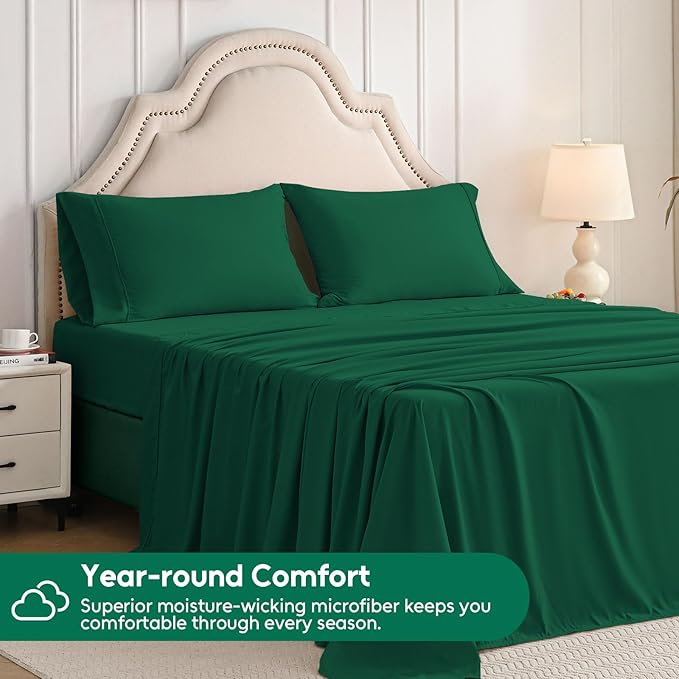 King Size Sheets Set, 4 Pieces Hotel Luxury Soft Microfiber Bed Sheets Set, Up to 16" Deep Pockets, Oeko-Tex Sheets with Elastic, Breathable, Wrinkle Free (Forest Green, King)