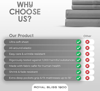 Royal Bliss King Size Sheets Set - 4 Piece Bedding - Wrinkle Free, Double Brushed, Cooling, Deep Pocket Set (Silver)