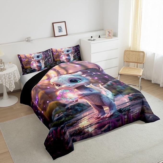 Feelyou Dragon Comforter Set Toddler Size Cute Comforter for Boys Girls Teens Wild Life Bedding Set Dragon Decor Duvet Set Room Decor Pink Purple Quilt Set