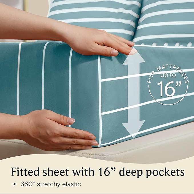 LuxClub 4 PC Queen Size Sheet Set Bed Sheets, Breathable Luxury, Deep Pockets 18" Wrinkle Free Cooling Machine Washable Hotel Bedding (Striped Light Blue)